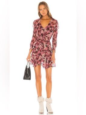 IRO Paris Candy Pink Floral Wick V-Neck Ruched Mini Dress Sheer Long Sleeve